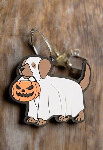 Dog in a Ghost Halloween Costume Backpack Tag (BT4)