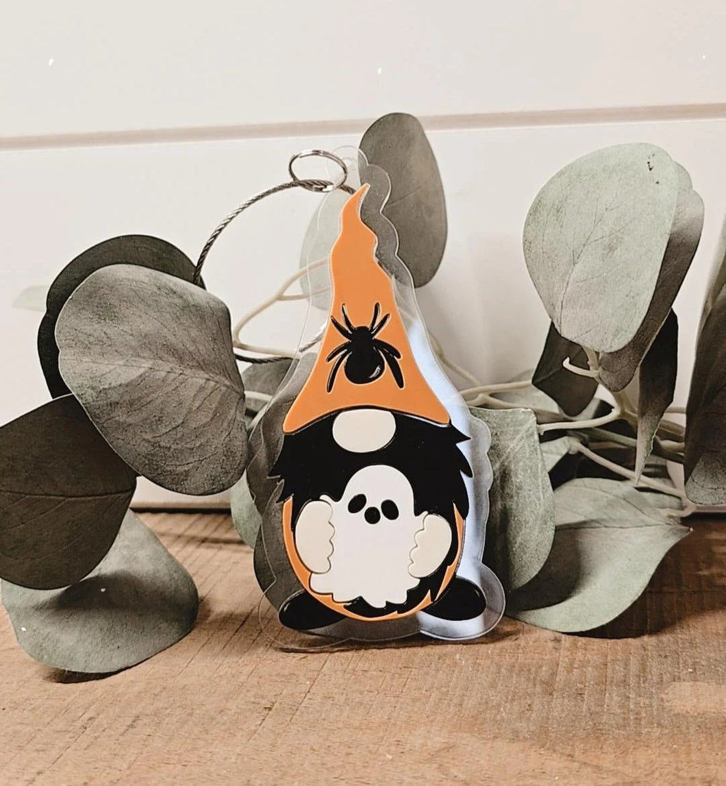 Halloween Gnome Holding Ghost Bag Tag Keychain (BT6)