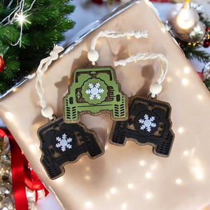 Jeep with Snowflake on Spare Tire Ornament (3 Color Choices)